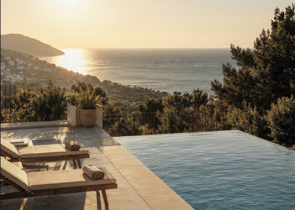 Vue sur la mer et la côte méditerranéenne depuis une villa, entre les pins